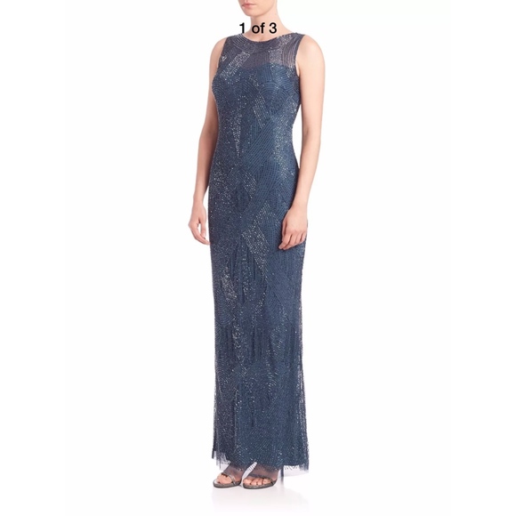 NWT $485 Aidan Mattox [ 2 US ] Riviera‎ Beaded Illusion Top Gown in Blue - Picture 5 of 6